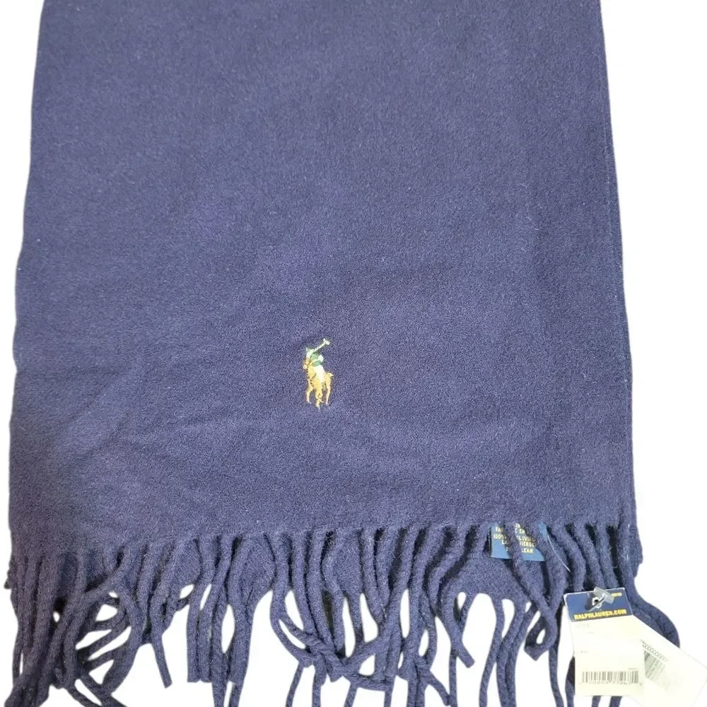 Polo Ralph Lauren Wool Scarf Navy Fringe Made in Italy 70” Embroidered Logo NWT